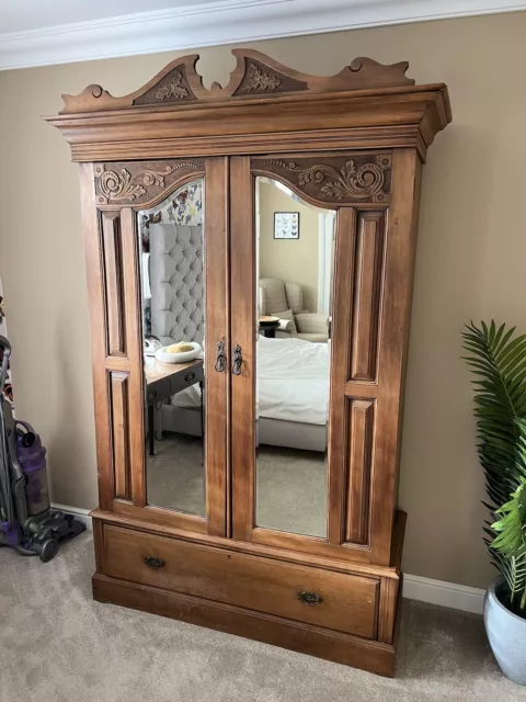 Antique Walnut And Mahogany Wardrobe Mirrored Doors