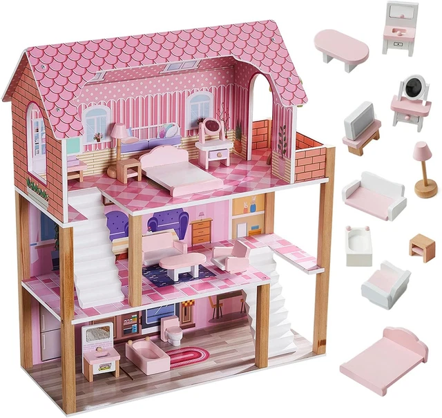 LARGE WOODEN KIDS Doll House 3-Storey Mansion Playset with Furniture ...