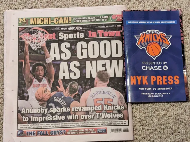 NY Knicks Official Game Program 1/1/24 &NY Post Newspaper Knicks vs Timberwolves