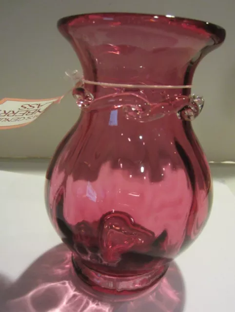 Pilgrim Glass Cranberry Bud Vase Hand Blown Applied Ribbon