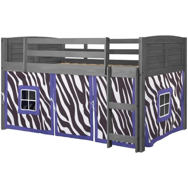 Donco Kids Louver Twin Solid Wood Low Loft Bed with Zebra Tent in Antique Gray