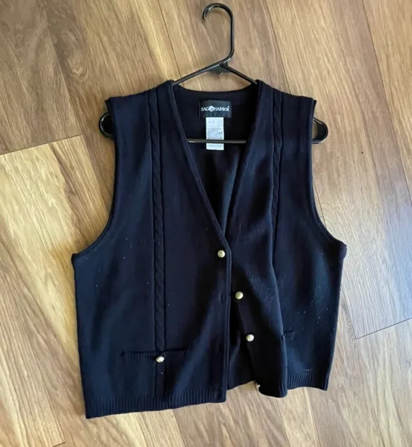 Sag Harbor Womens Black  Vintage Knit Button Front Sweater Vest Size L Nice