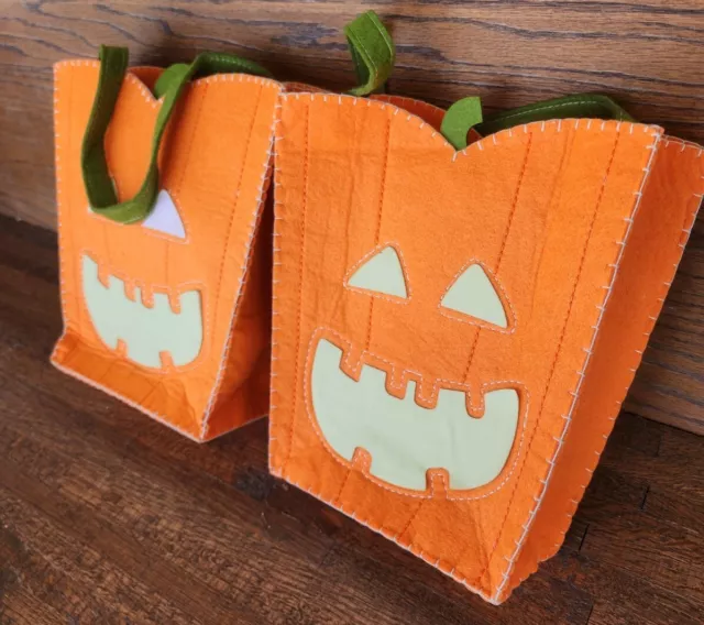 Lot Of 2 Pottery Barn Kids Glow In The Dark Felt Pumpkin Treat Bag, SEE INFO