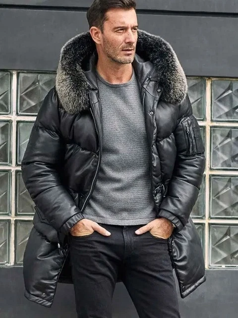 Men Black Faux Down Lambskin Bomber Jacket Leather Coat with Fox Fur Collar Coat