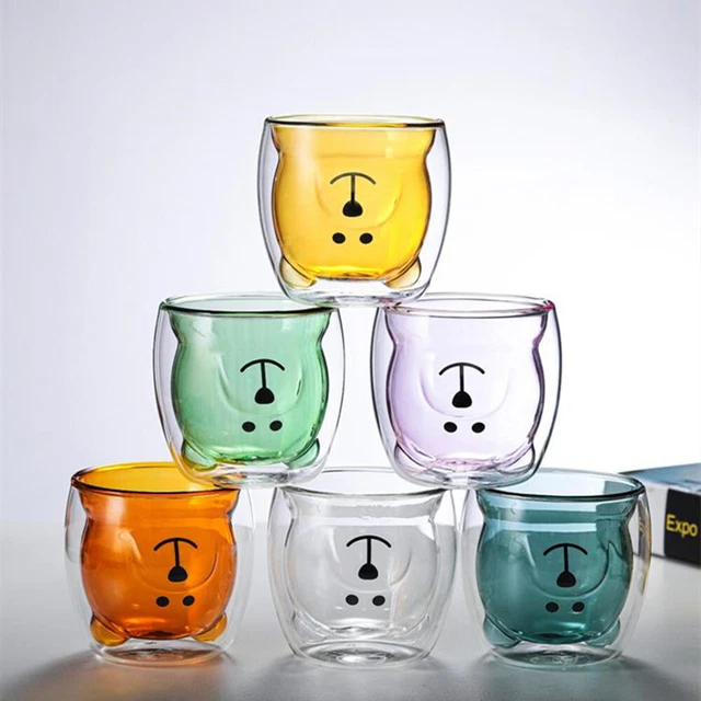 Vaso de café de doble capa de doble capa para oso dibujos animados animal taza de jugo taza de leche transparente