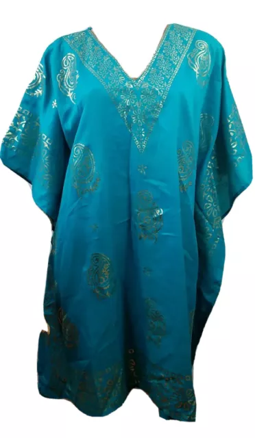 Uniti Women’s Dress One Size Blue Kaftan Gold Trim Floral V-Neck Lightweight