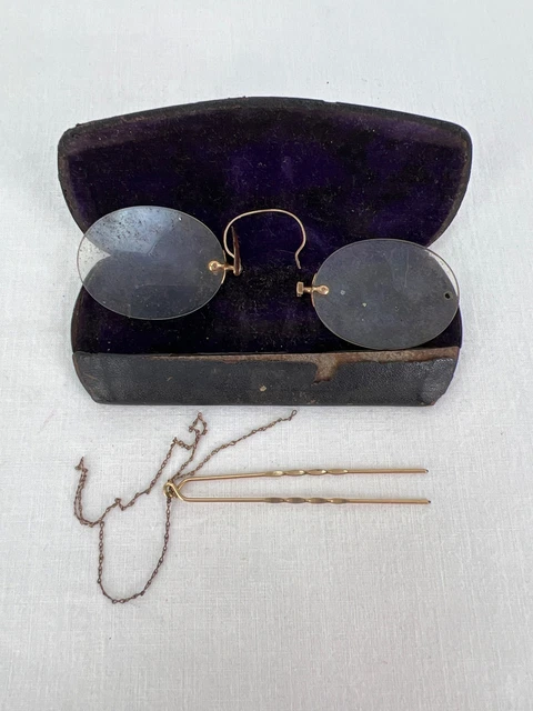 EYE GLASSES NOSE PINCH 10K IN CASE ANTIQUE 1800's ? 2+ Grams