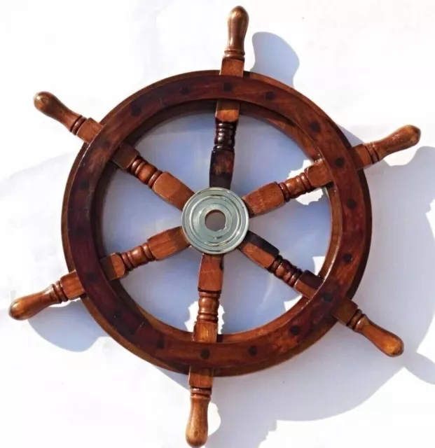 Collectible 18 Inch Wooden Ship Wheel Boat Steering Brass Nautical Wall Décor