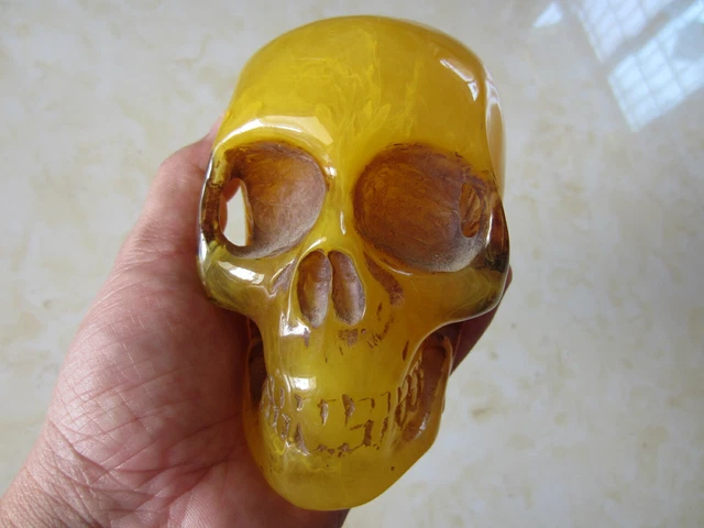 4.4" Old Burmese Amber Carved Crystal Skull, Realistic, Crystal Healing