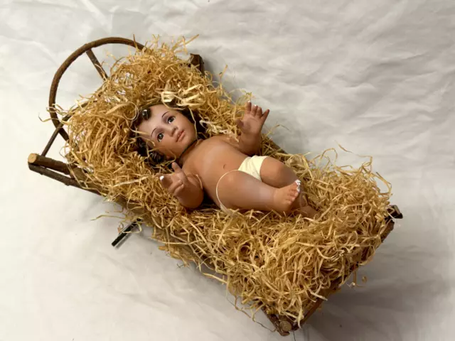 Old Vtg Baby Jesus Glass Eyes Nativity In Manger Christmas Made In Spain 12"