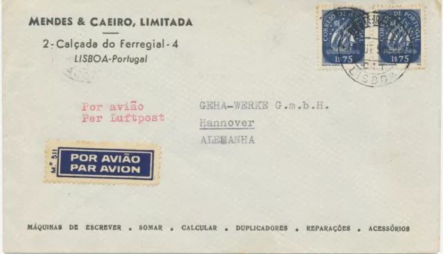 PORTUGAL 1950 Carabela 1.75 E (2) MeF correo aéreo temprano posguerra a HANNOVER