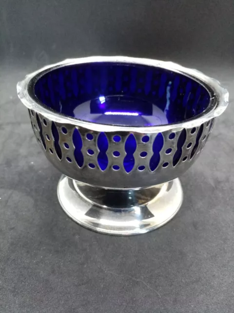 Vintage Yeoman Silver Plate EPNS Cobalt Blue Glass Liner Sweet Sugar Bowl.