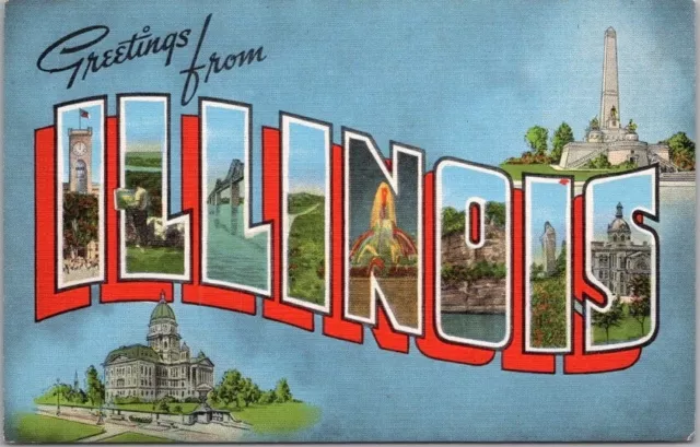 Vintage 1940s ILLINOIS Large Letter Postcard State Capitol View / Kropp Linen