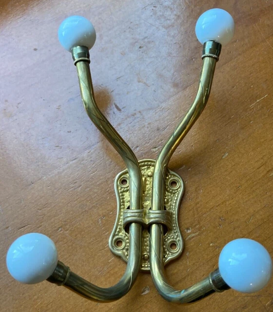 Vintage Brass Quad Hook Porcelain Balls Wall Mounted Coat Hat Hooks
