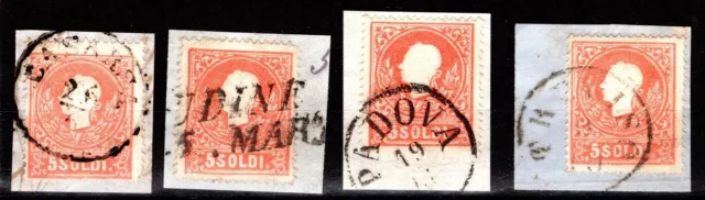 L&V 1858: 5 Soldi Type II (ANK 9 II) 4 Brfstke. div. Farben, Stempel (ANK 40 €)