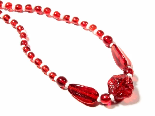 17" vintage Czech Deco necklace hand molded red depression glass beads