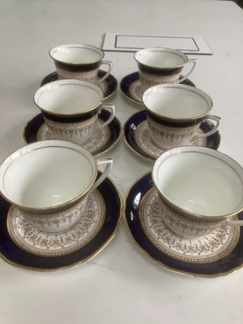 Set Of 6× Royal Worcester Regency Blue Tea Cup & Saucer Set