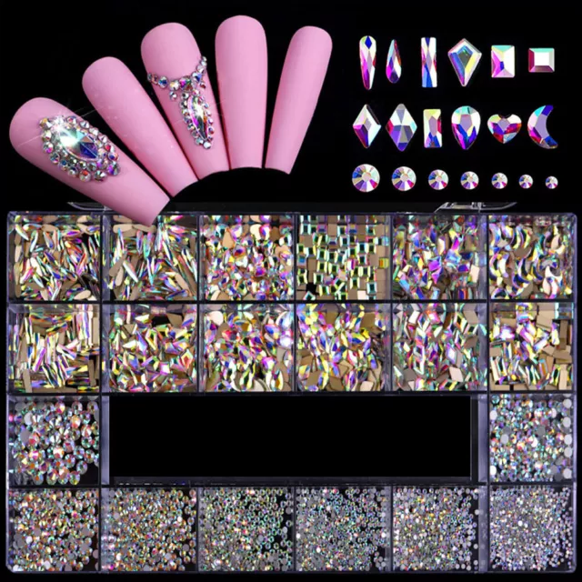 1000PCS Mixed Size Nail Art Rhinestones Flatback Crystal AB Glass Stones Box Kit