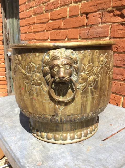 Large Vintage Brass Jardiniere, Plant Pot, Planter With Lion Head Handles