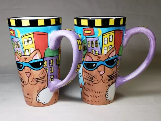 Lot of 2 Catzilla Candace Reiter Cat Vintage Tall Mug Hand Painted 1999