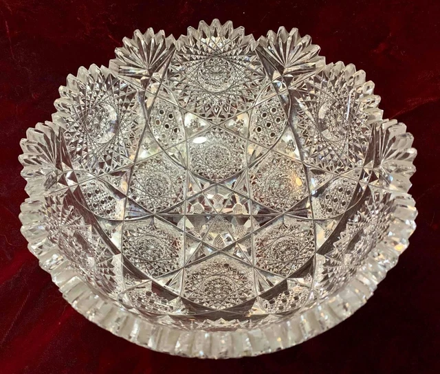Vintage American Brilliant Cut Glass Crystal Bowl Sharp Latticework Radial Stars