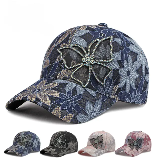 Women Breathable Lace Flower Mesh Baseball Caps Summer Diamond Butterfly Sun Hat