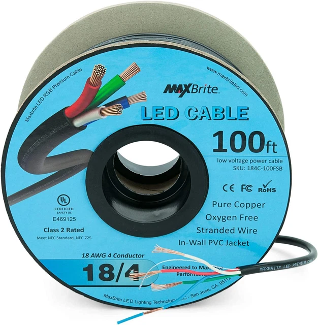 100 Ft. 18AWG Low Voltage LED Cable 4 Conductor Black Sleeve In-Wall RGB Wire UL