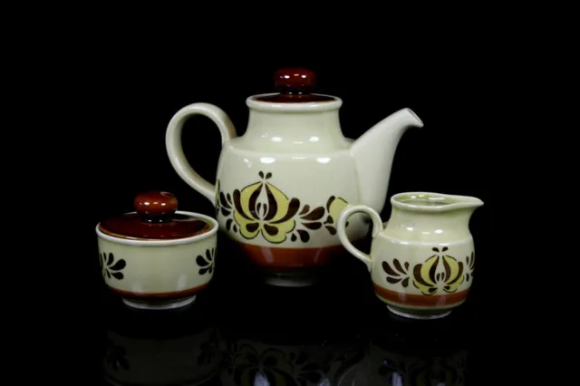 Rustikales 15-tlg. Keramik Kaffeeservice Colditz Made in GDR ockergelb Ornamente 2