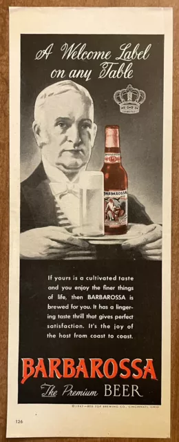 1947 Barbarossa Beer: A Welcome Label On Any Table Vintage Print Ad