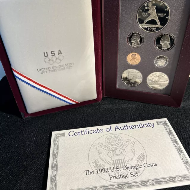 1992 US Mint Prestige set, Olympic Baseball silver dollar, 7 proof coins, coa