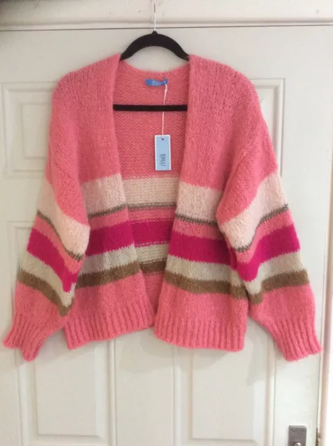 Cardigan nuovo Made in Italy Lagenlook rosa a righe lana/mohair - taglia unica nuovo con etichette