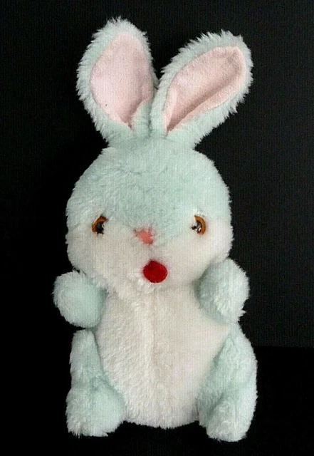 55. DOUDOU PELUCHE BOULGOM LAPIN VERT BLANC ROSE LANGUE ROUGE 15/22 cm - TBE