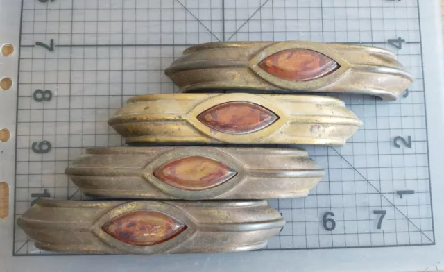 4 Vintage Art Deco Drawer Pulls 5" Amber Plastic Insert Stamped Metal Curve
