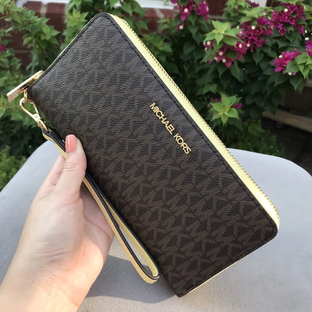 Michael Kors Jet Set Travel Large Continental Wristlet MK Brown Buttercup Yellow