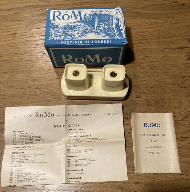 🔵 vecchio stereoscopio Romo Lourdes anni 50 Religione Vintage Manuale 5 Schede