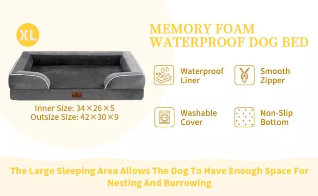 XL Dark Gray Dog Bed Memory Foam Waterproof Sofa with Removable Bolster & Cover