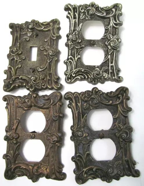 American Tack & Howe Ornate Brass 3 Outlet Plate Covers 1 Switch Screws Vtg S5