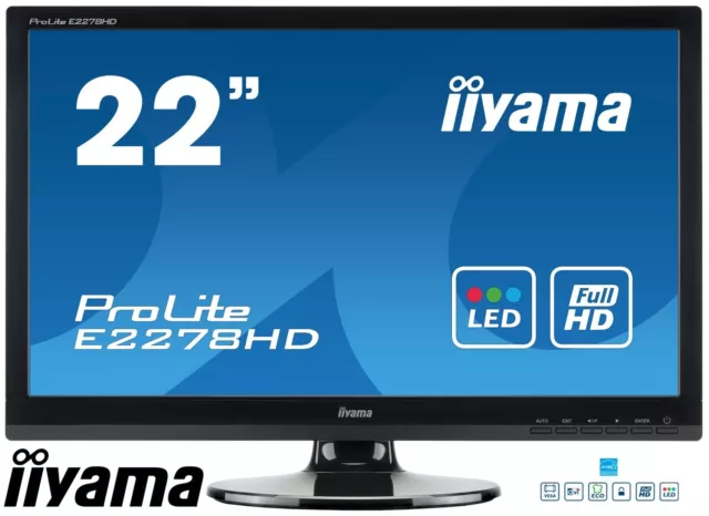 iiyama ProLite E2278HD 22" 21.5" Full HD LED Backlit Home Office Monitor FHD VGA