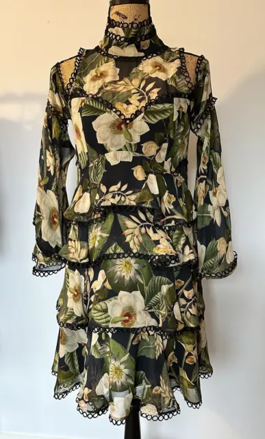 THURLEY Designer Vianna Floral Print Broderie Lace Trim Cold Shoulder Dress S 10