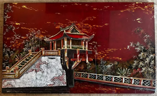 Large Chinese Lacquered hand painted landscape Wooden Panel Wall Art 32"/19"