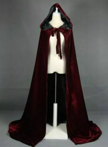 Burgundy Black Velvet Hooded Cloaks with Hood Vampire Coats Robe for Men Woman