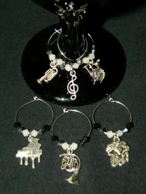 Music Lovers Wine Glass Charms Set of 6 Drink Markers Band Horn Drums NEW