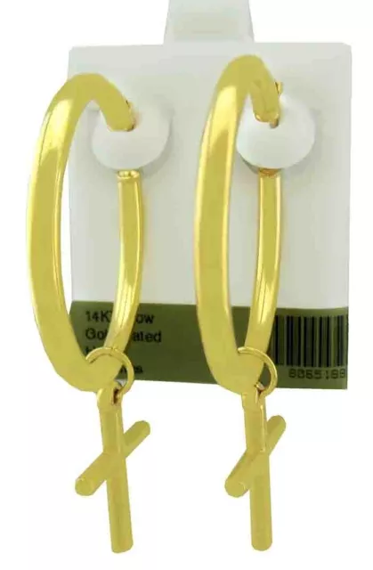 36mm HOOP AND CROSS DANGLING EARRINGS 14K YELLOW GOLD PLATED NEW WITH TAG