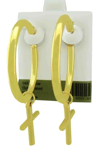 36mm HOOP AND CROSS DANGLING EARRINGS 14K YELLOW GOLD PLATED NEW WITH TAG