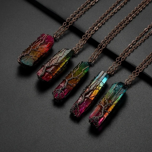 Rainbow Crystal Tree Of Life Chakra Pendant Silver Wire Wrap Gemstone Necklace