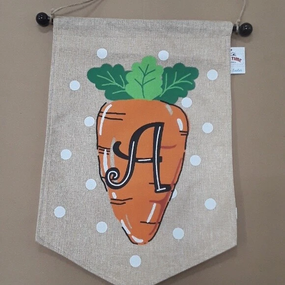 Spring Easter "A" Monogram Carrot Burlap House Flag with Pole NEW