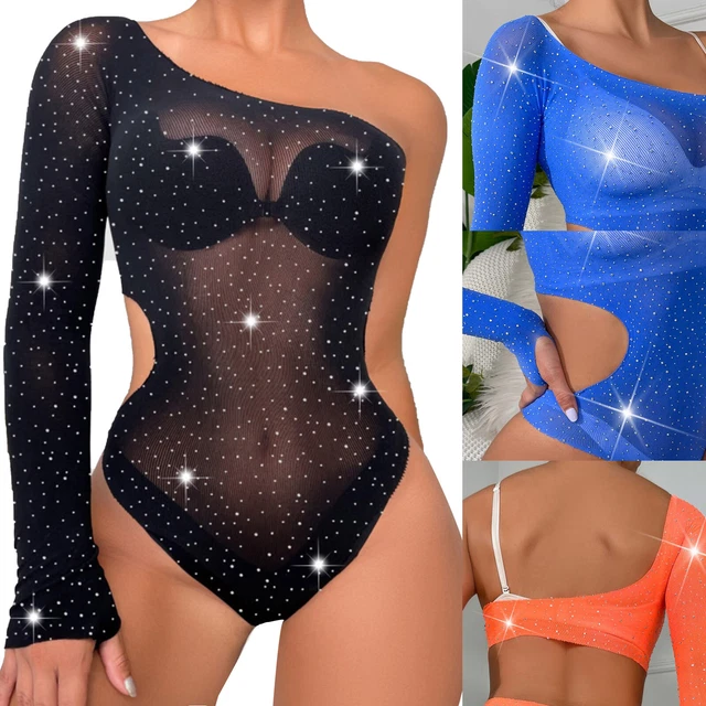 Women Sparkling Rhinestone Bodysuit One Shoulder Long Sleeve Cutout Mesh Leotard