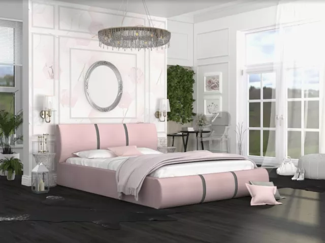 Bett mit Lattenrost  Jugendbett Doppelbett  gepolsterte Fusion Velours Rosa