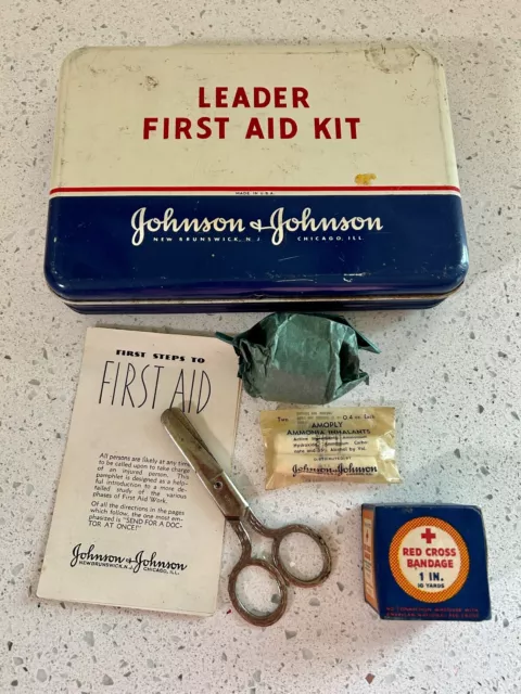 1951 Johnson & Johnson Leader First Aid Kit -  w/Few Items Inside  VINTAGE