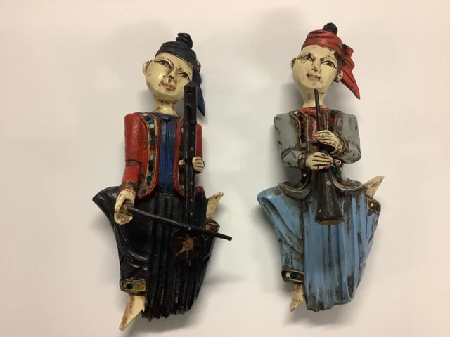 Pair Vintage Hand Carved Wooden Musician Figures Good Condition